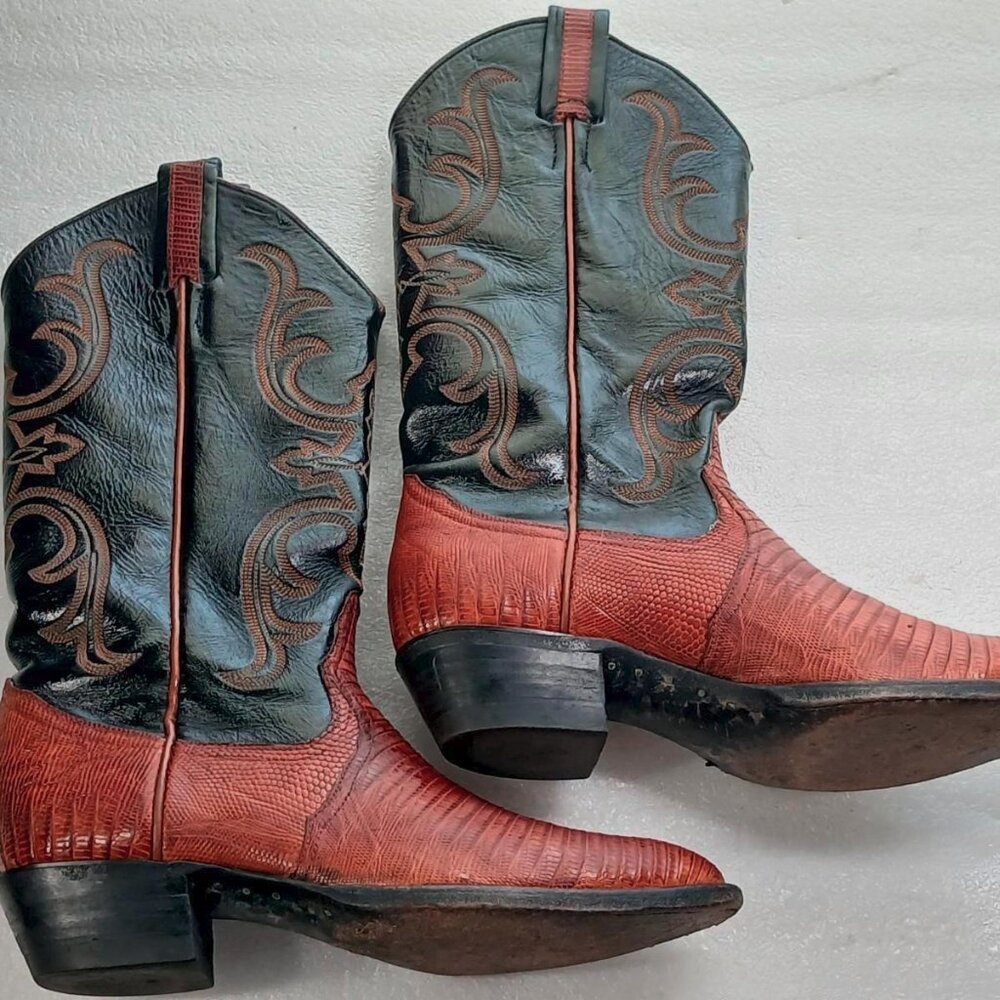 Larry Mahan Women’s Lizard Leather Cowboy Boots 7.5B Brown Black Texas